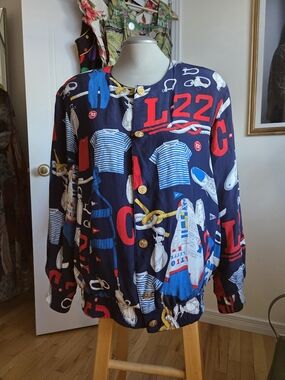 Vintage Silk Reversible Bomber Jacket Nautical Print Navy S/M